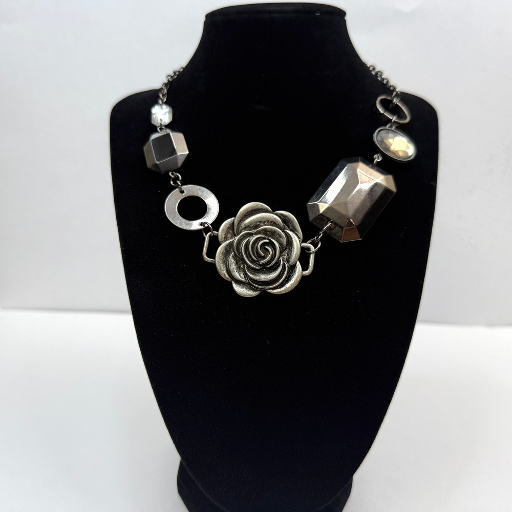 NY Statement Collar Necklace Rose Charm Bead Silver Tone Chain Jewelry 8 in L